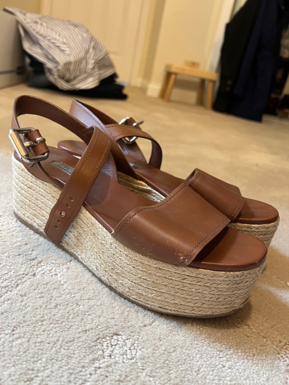 Prada Brown Leather Platform Espadrille Sandals